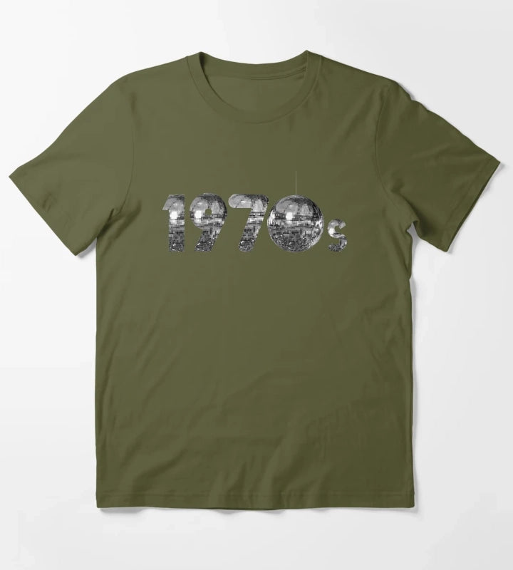 1970s Silver Disco Years T-Shirt Olive Green