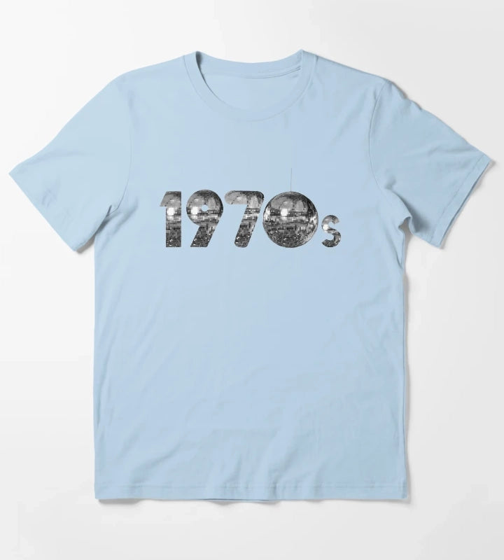 1970s Silver Disco Years T-Shirt Sky Blue