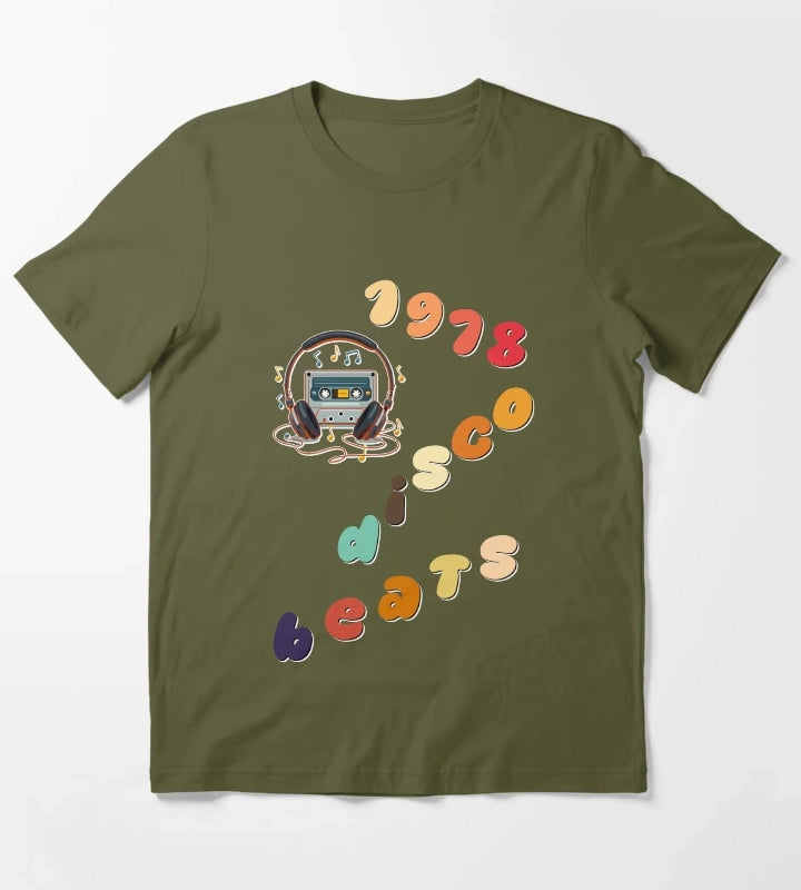 1978 Disco Beats Text Art T-Shirt Olive Green
