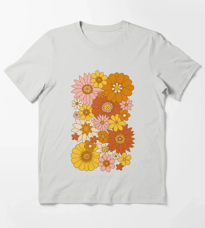 60s Retro Daisy Floral T-Shirt Light Grey