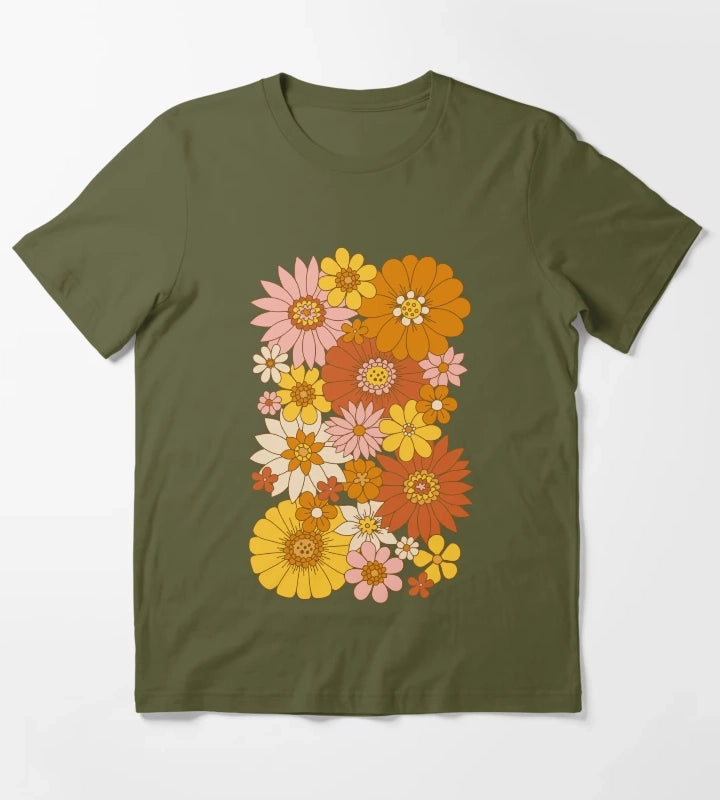 60s Retro Daisy Floral T-Shirt Olive Green