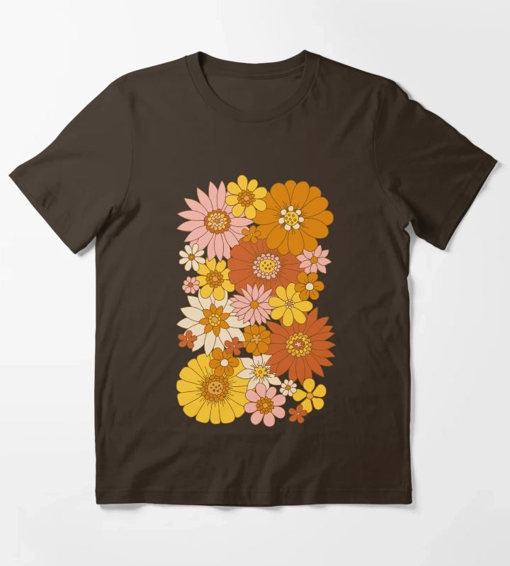 60s Retro Daisy Floral T-Shirt Brown