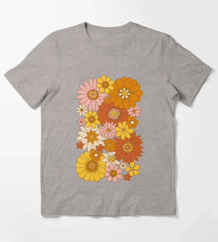 60s Retro Daisy Floral T-Shirt Heather Grey