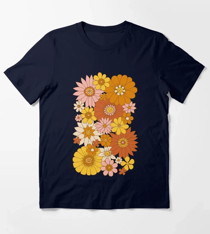 60s Retro Daisy Floral T-Shirt Navy