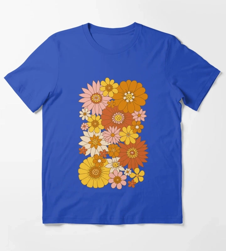 60s Retro Daisy Floral T-Shirt Blue