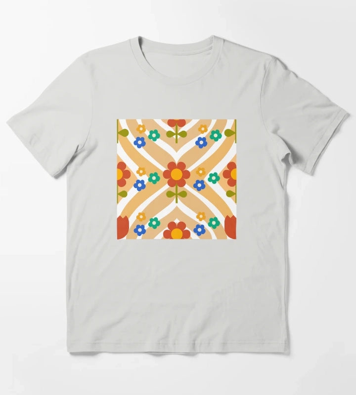 70s Groovy Flower with wavy Pattern T-Shirt Light Grey