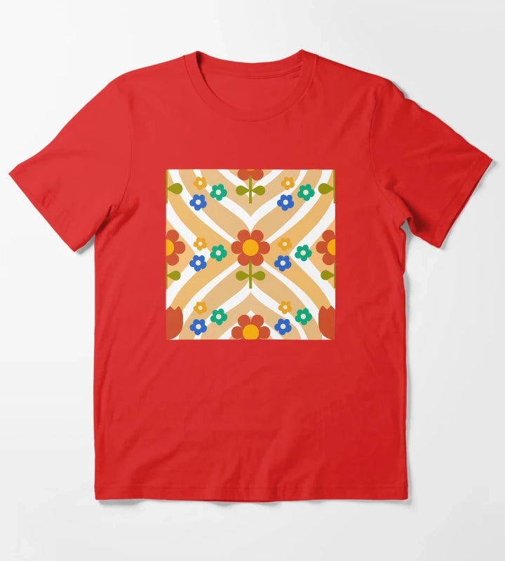 70s Groovy Flower with wavy Pattern T-Shirt Red