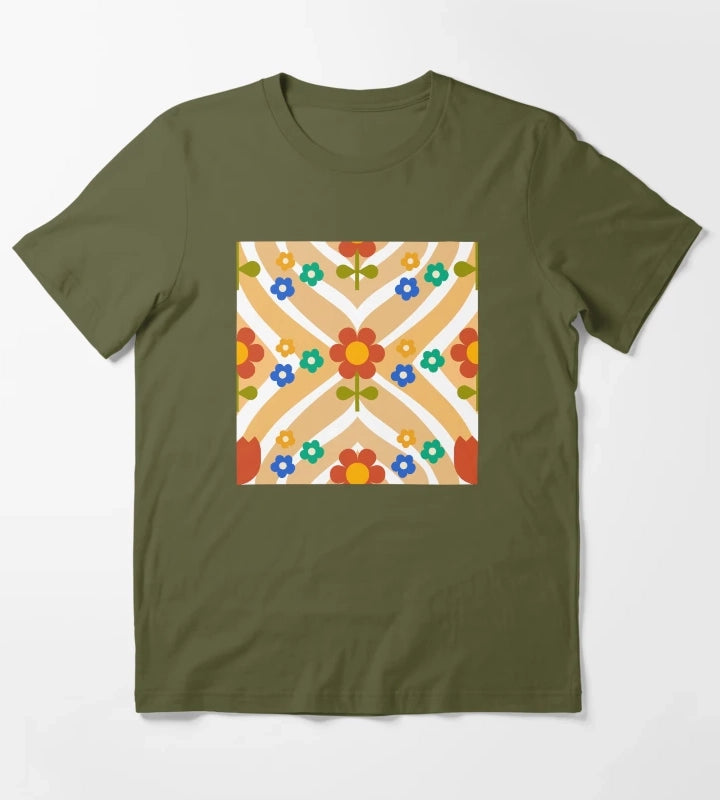 70s Groovy Flower with wavy Pattern T-Shirt Olive Green
