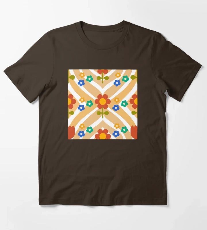 70s Groovy Flower with wavy Pattern T-Shirt Brown
