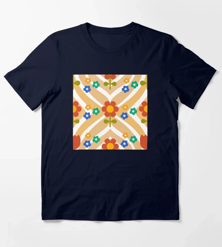 70s Groovy Flower with wavy Pattern T-Shirt Navy