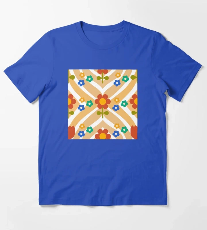 70s Groovy Flower with wavy Pattern T-Shirt Blue