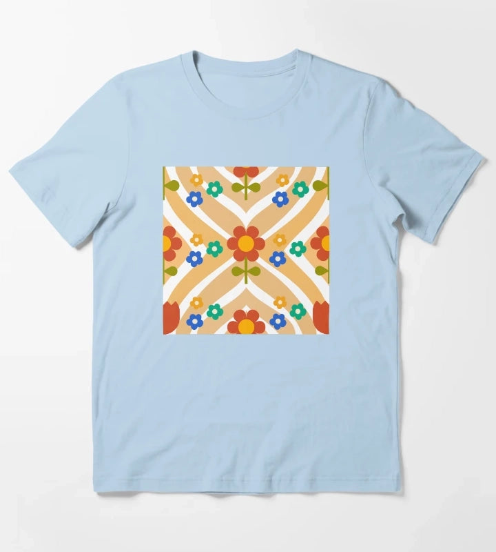 70s Groovy Flower with wavy Pattern T-Shirt Sky Blue