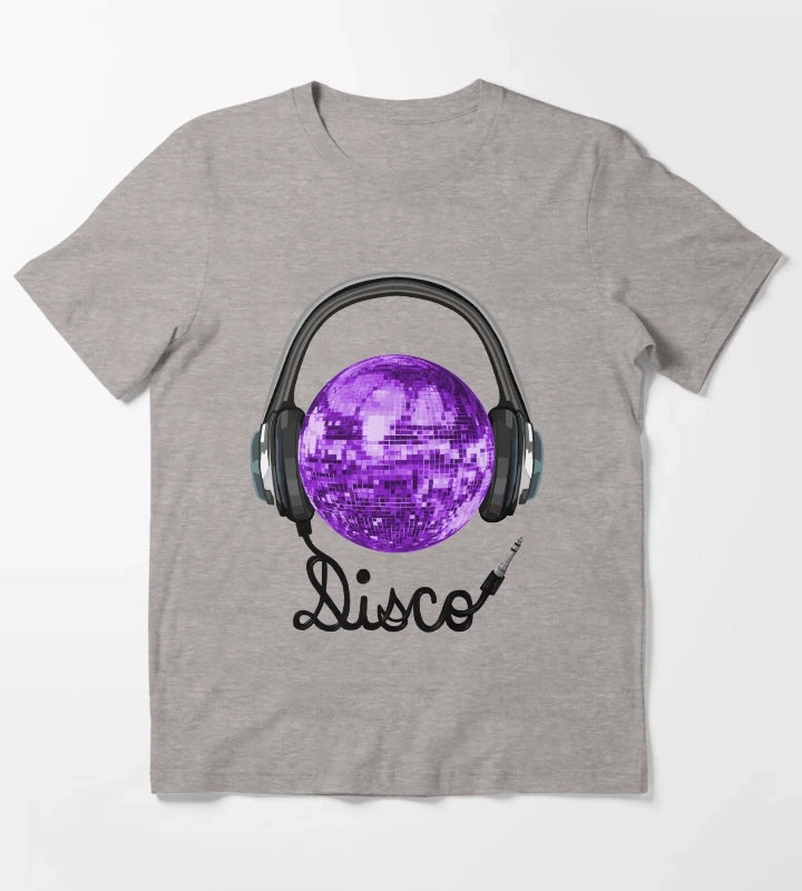70s Music Purple Disco Ball Headphones T-Shirt Heather Grey
