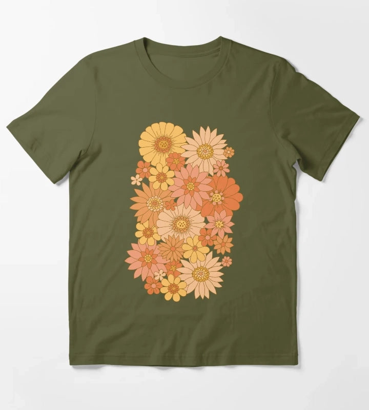 70s Retro Daisy Floral T-Shirt Olive Green