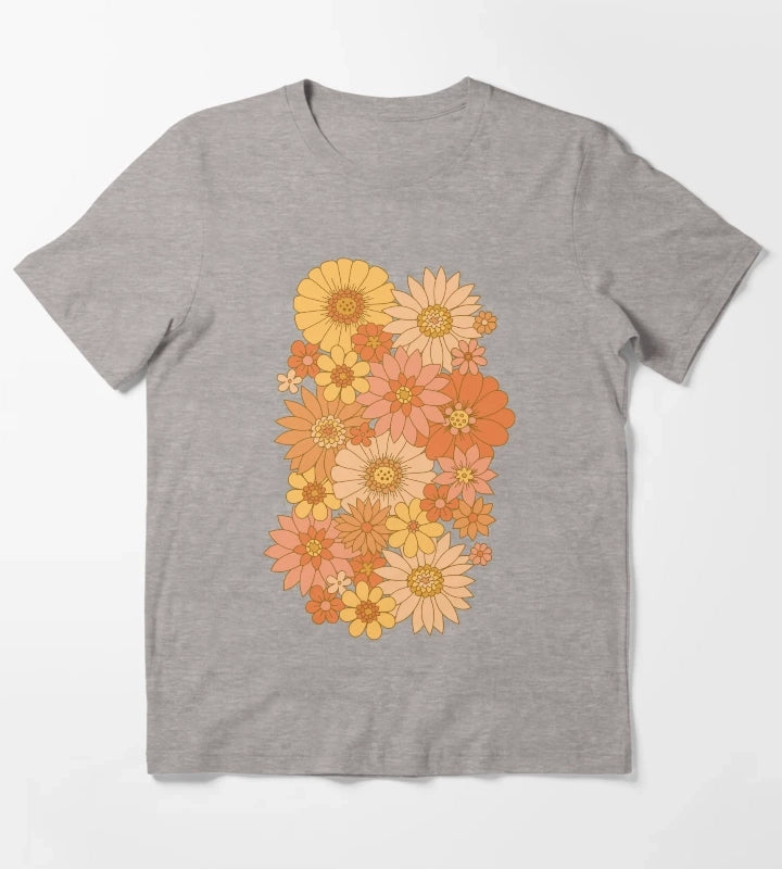 70s Retro Daisy Floral T-Shirt Heather Grey
