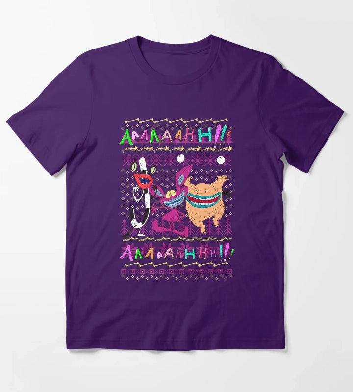 Aaahh Real Monsters Christmas Scary Fun Ugly Sweater T-Shirt Purple
