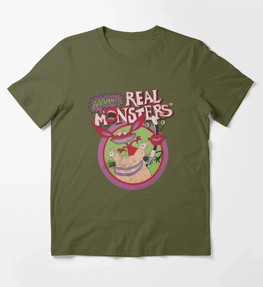 Aaahh Real Monsters Group Shot Classic Retro Logo T-Shirt Olive Green