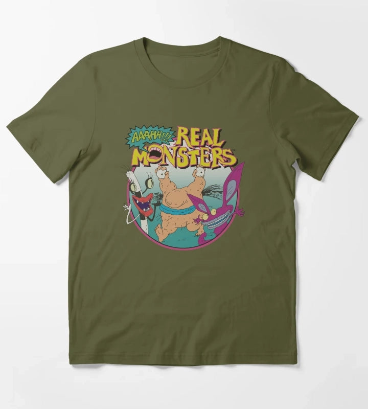 Aaahh Real Monsters Group Shot Title Logo T-Shirt Olive Green
