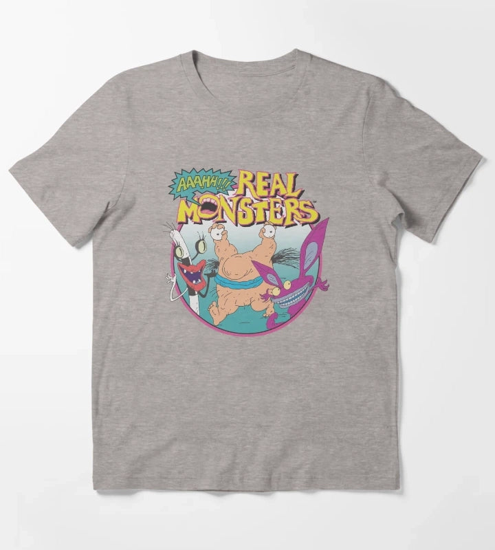 Aaahh Real Monsters Group Shot Title Logo T-Shirt Heather Grey