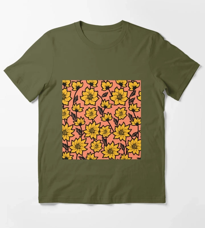 African Daisy Pattern T-Shirt Olive Green