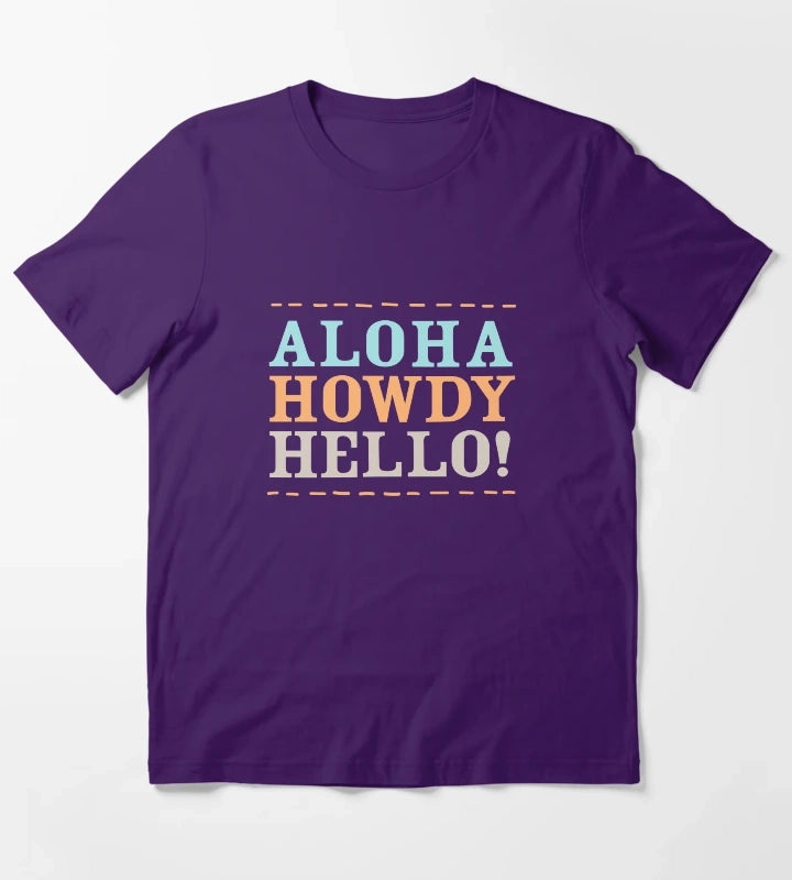 Aloha Howdy and Hello Black T-Shirt Purple