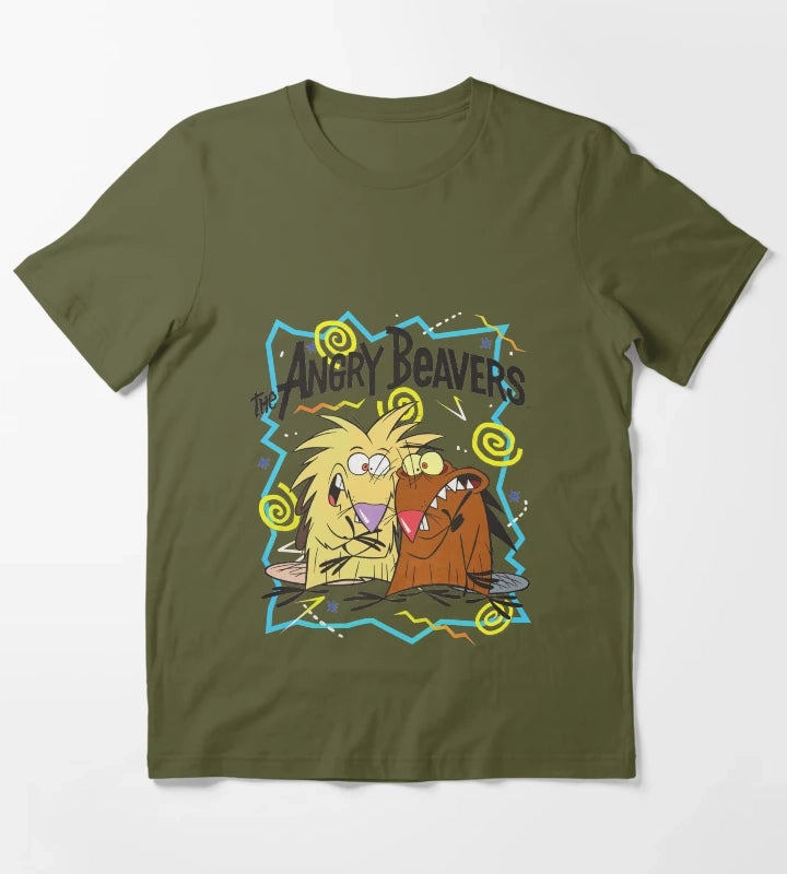 Angry Beavers Characters 90s Graphics T-Shirt Olive Green
