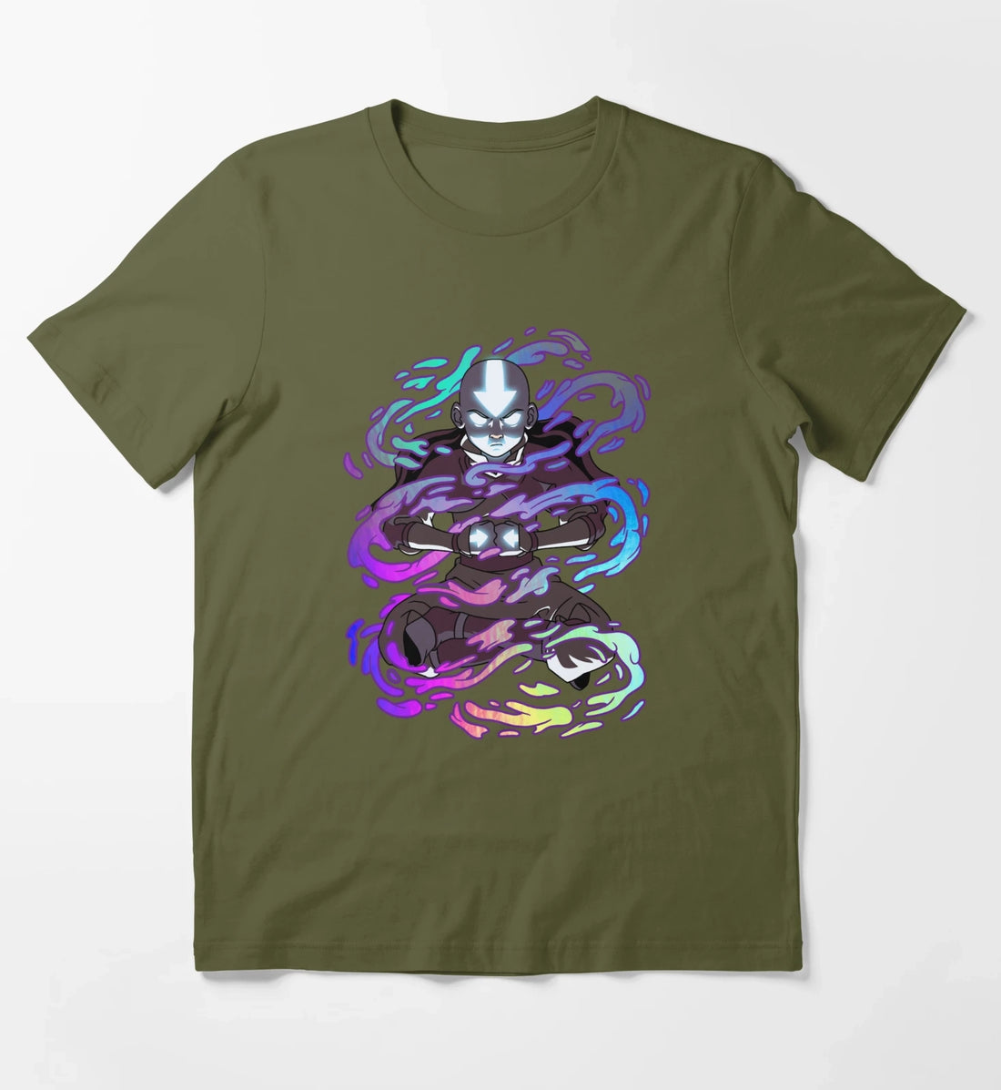 Avatar The Last Airbender Aang Elements Rainbow Foil T-Shirt Olive Green