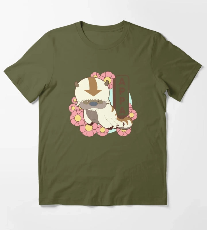 Avatar The Last Airbender Appa Floral Poster T-Shirt Olive Green