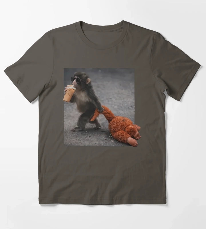 Baby Monkey Punch Drinking Iced Coffee T-Shirt Dark Grey