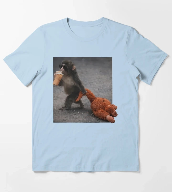 Baby Monkey Punch Drinking Iced Coffee T-Shirt Sky Blue