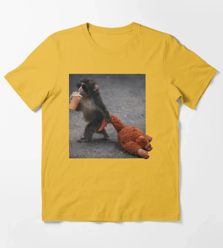 Baby Monkey Punch Drinking Iced Coffee T-Shirt Yellow