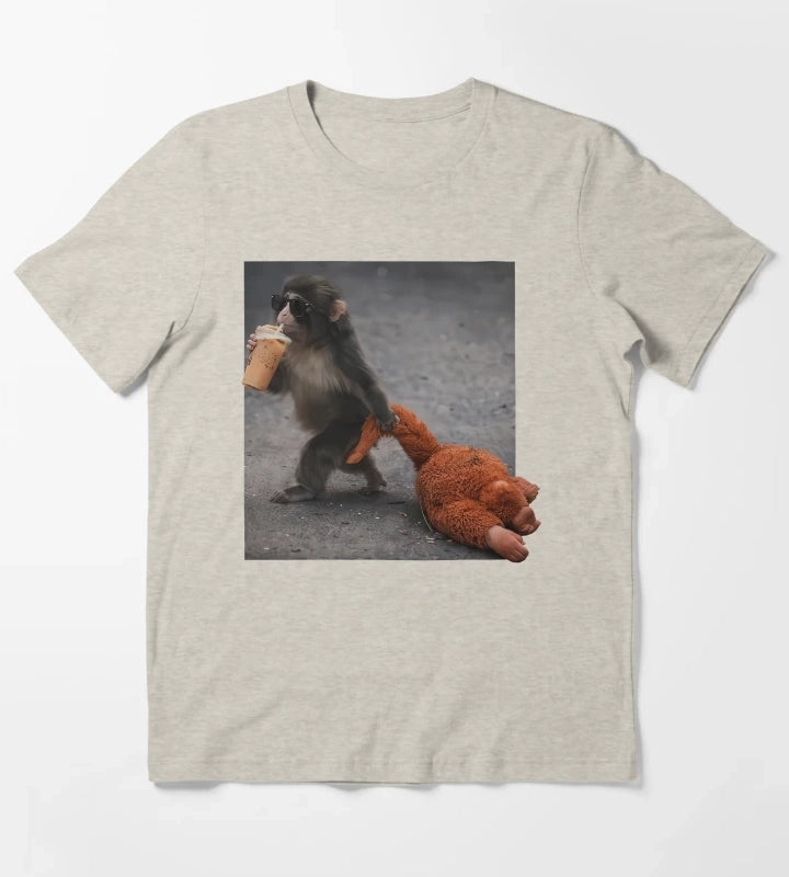 Baby Monkey Punch Drinking Iced Coffee T-Shirt Cream
