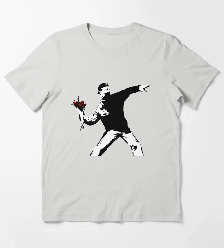Banksy Flower Thrower T-Shirt Light Grey
