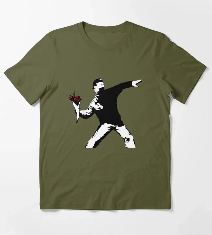 Banksy Flower Thrower T-Shirt Olive Green