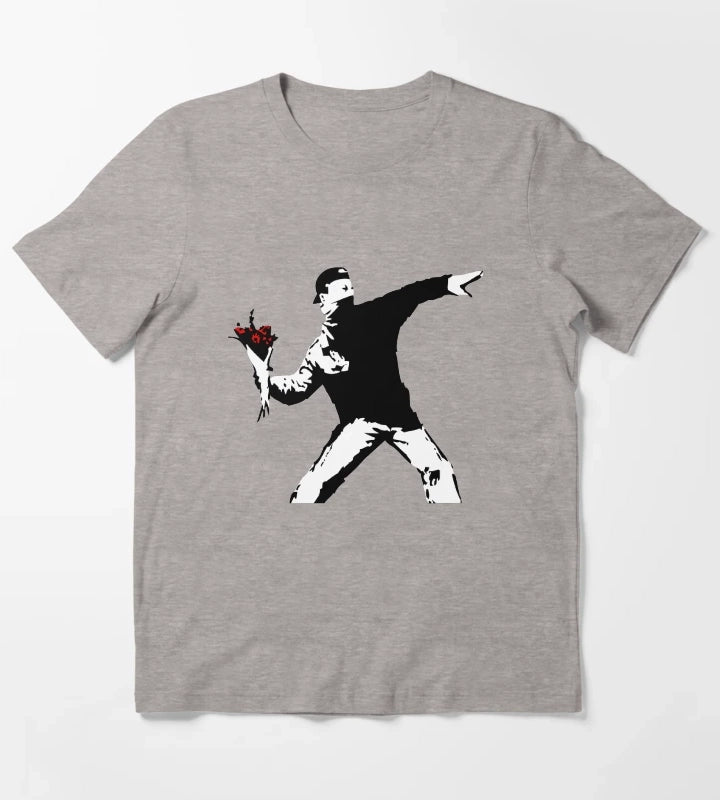 Banksy Flower Thrower T-Shirt Heather Grey
