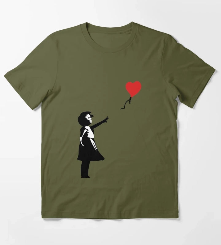 Banksy Letting Love Go Balloon Girl T-Shirt Olive Green