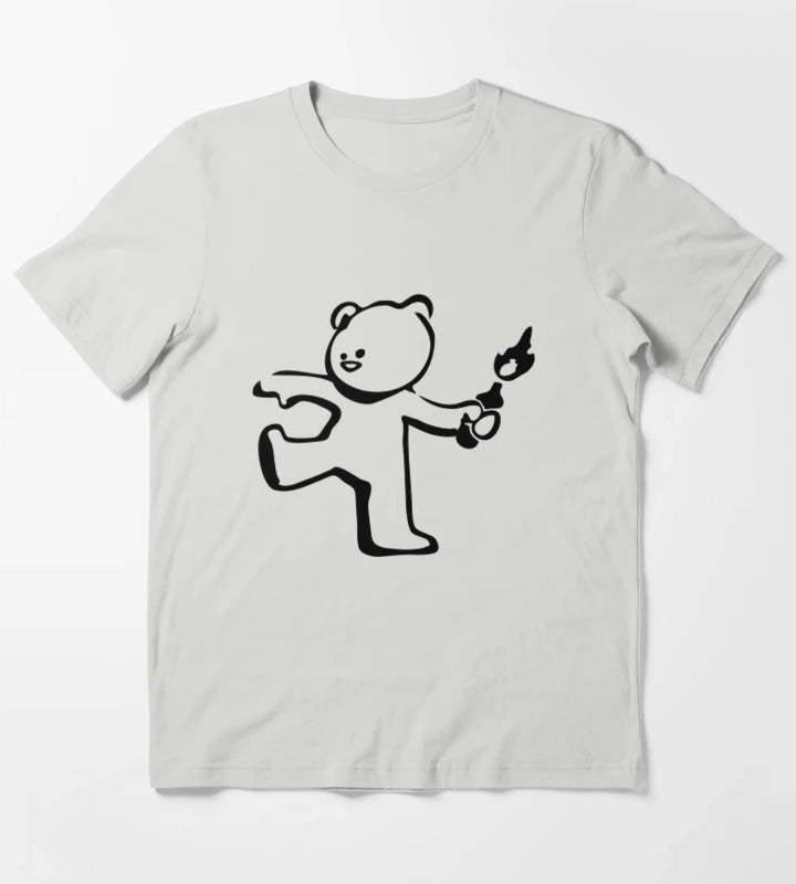 Banksy Teddy Bear Protest Molotov Cocktail T-Shirt Light Grey