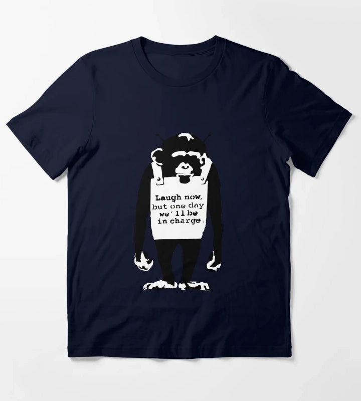 Banksy monkey Laugh Now but one Day Well Be In Charge T-Shirt Navy