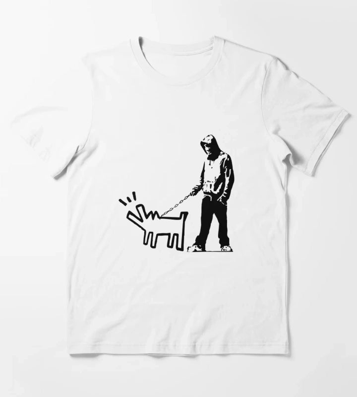 Banky Inspired Thug Walking a Barking Dog T-Shirt White