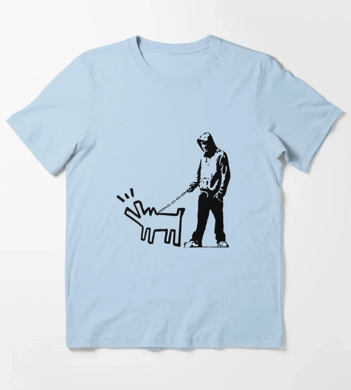 Banky Inspired Thug Walking a Barking Dog T-Shirt Sky Blue