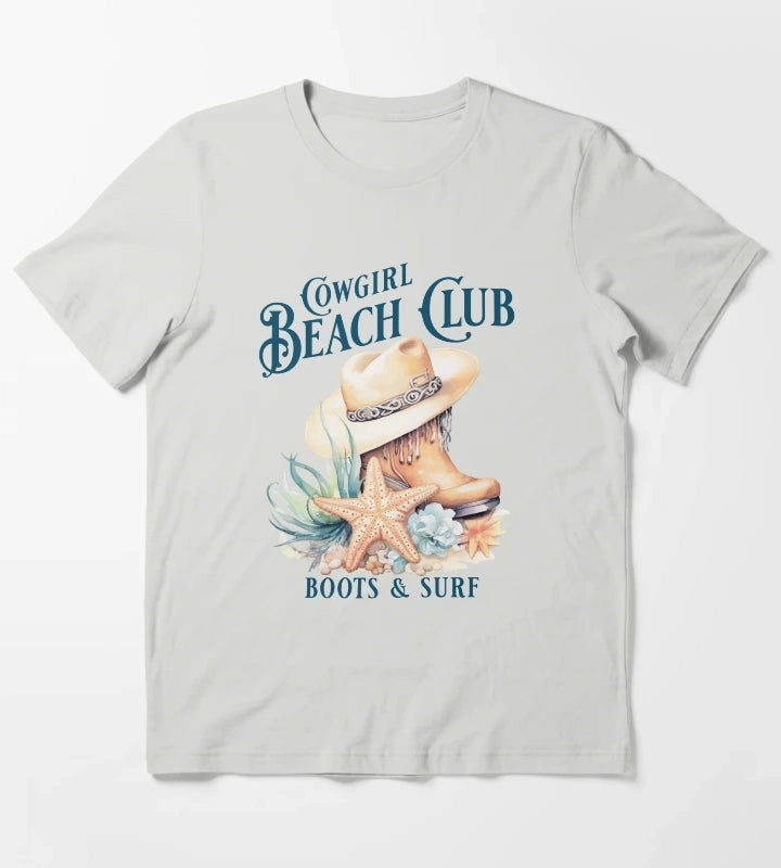 Beach Cowgirl Boots and Surf Western Cowgirl Beach Vibe T-Shirt Light Grey