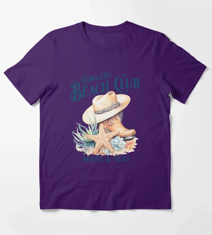 Beach Cowgirl Boots and Surf Western Cowgirl Beach Vibe T-Shirt Purple