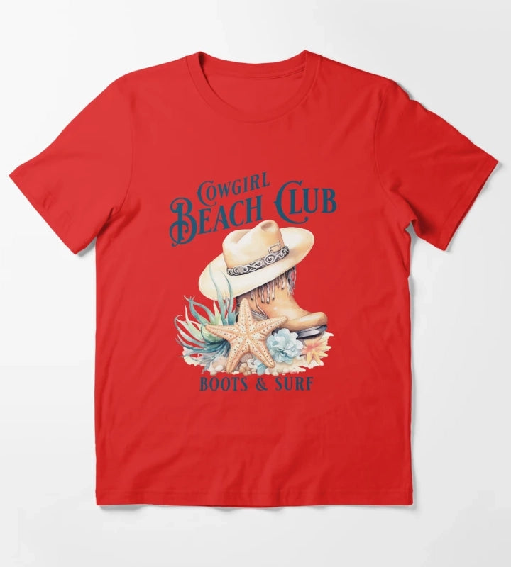 Beach Cowgirl Boots and Surf Western Cowgirl Beach Vibe T-Shirt Red