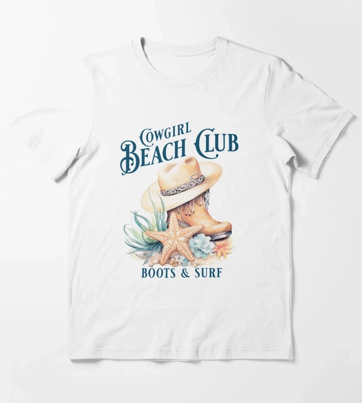 Beach Cowgirl Boots and Surf Western Cowgirl Beach Vibe T-Shirt White