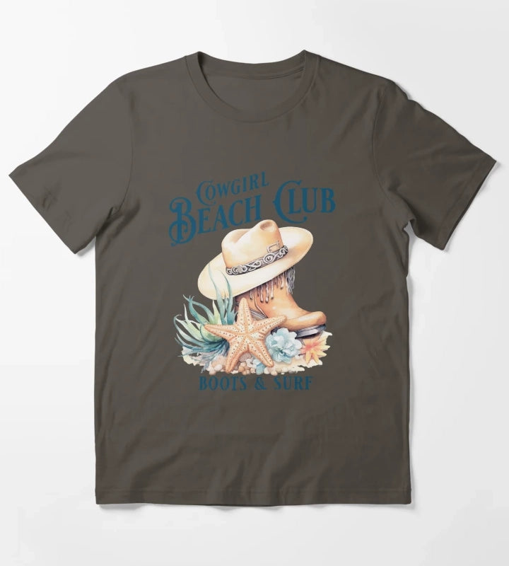 Beach Cowgirl Boots and Surf Western Cowgirl Beach Vibe T-Shirt Dark Grey