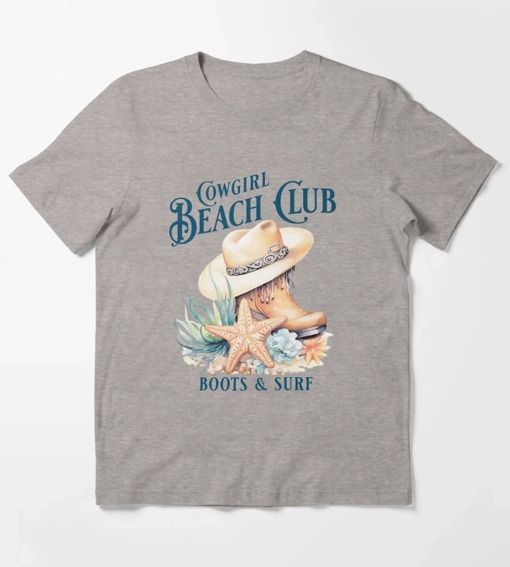 Beach Cowgirl Boots and Surf Western Cowgirl Beach Vibe T-Shirt Heather Grey