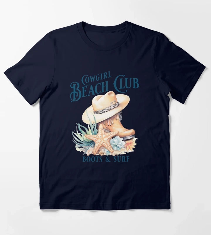 Beach Cowgirl Boots and Surf Western Cowgirl Beach Vibe T-Shirt Navy