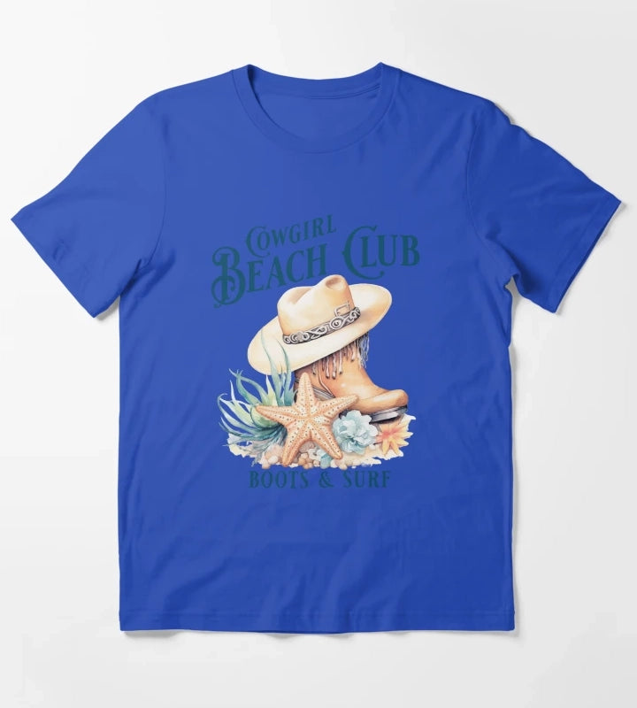 Beach Cowgirl Boots and Surf Western Cowgirl Beach Vibe T-Shirt Blue