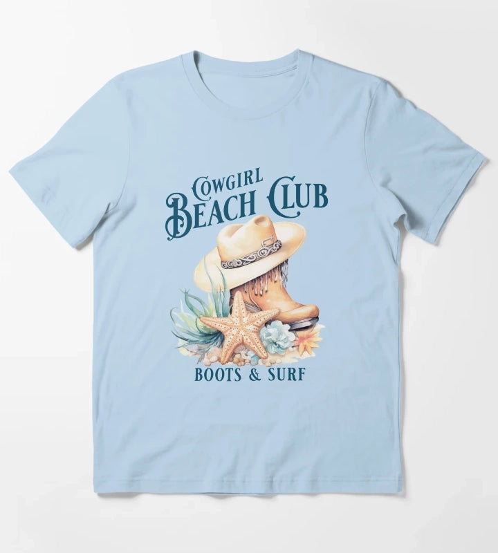 Beach Cowgirl Boots and Surf Western Cowgirl Beach Vibe T-Shirt Sky Blue