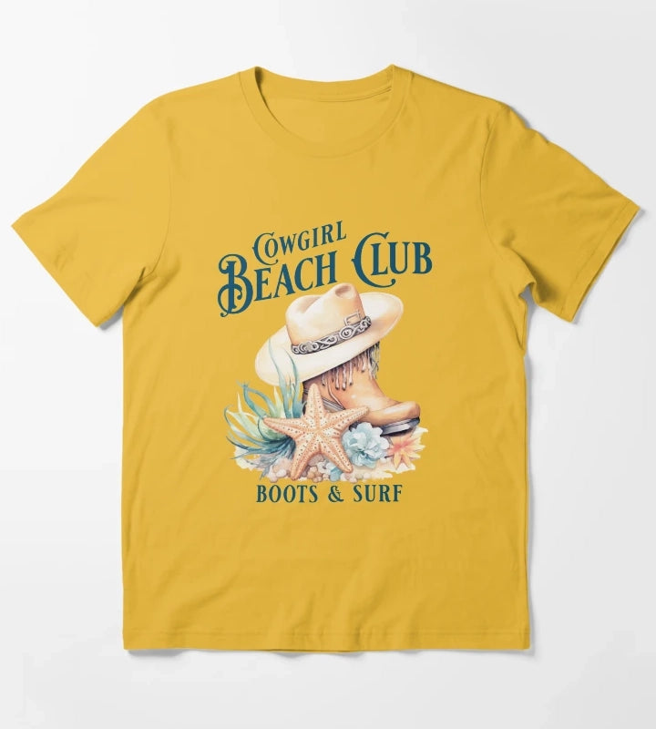 Beach Cowgirl Boots and Surf Western Cowgirl Beach Vibe T-Shirt Yellow